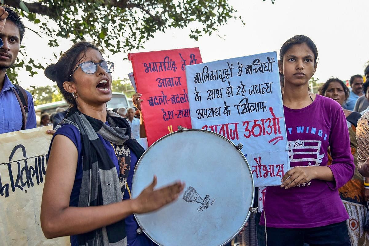 Naujawan Bharat Sabha members raise slogans during a protest against the Muzaffarpur shelter home alleged rape case, in Patna on Thursday, Aug 9, 2018. (PTI File Photo)