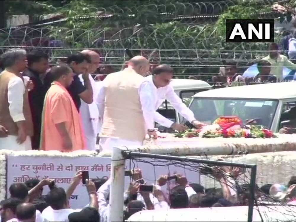 Top party leaders including BJP president Amit Shah, Home Minister Rajnath Singh, UP Chief Minister Yogi Adityanath, his Uttarakhand counterpart Trivendra Singh Rawat, his adopted daughter Namita Kaul Bhattacharya and other family members of Vajpayee were present as the urn carrying his ashes was emptied into the river amid chanting of Vedic hymns. Image courtesy ANI/Twitter