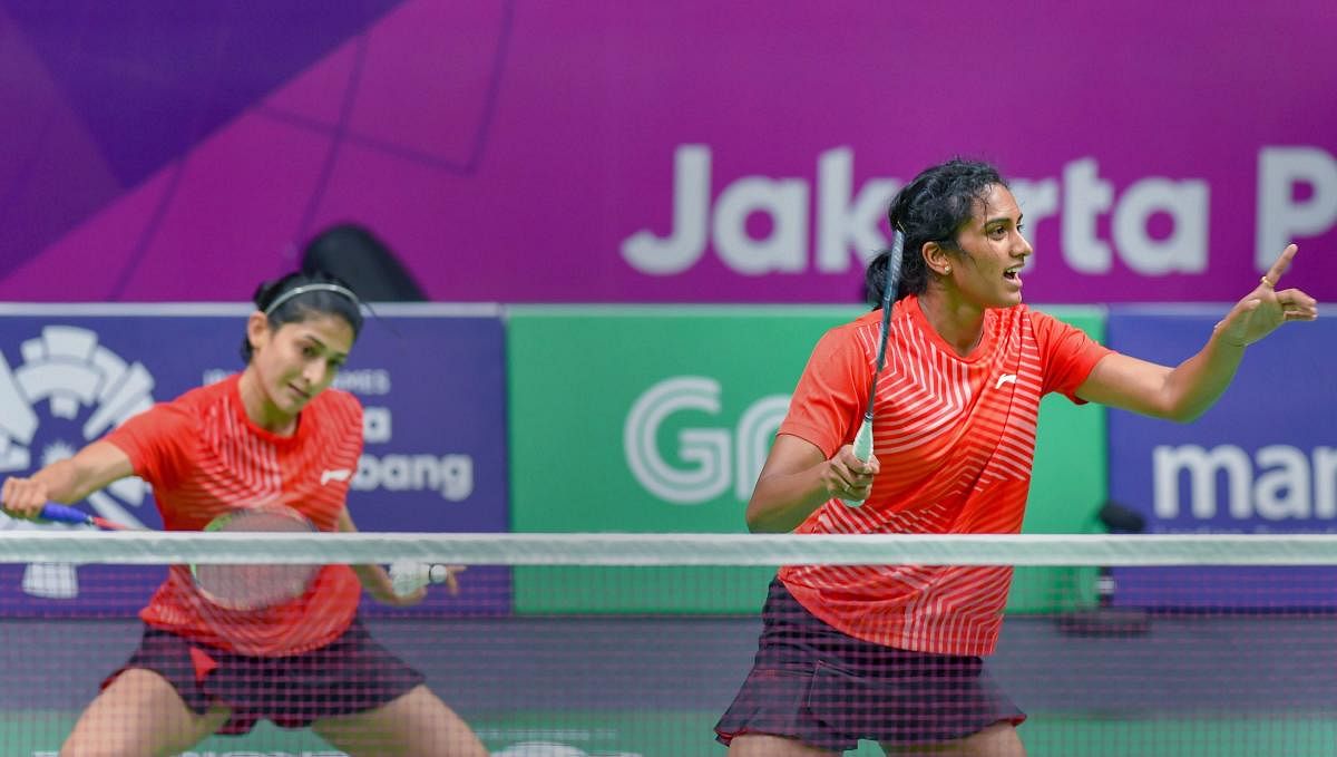 India's Ashwini Ponnappa and PV Sindhu en route to their loss in the women's doubles fixture. PTI