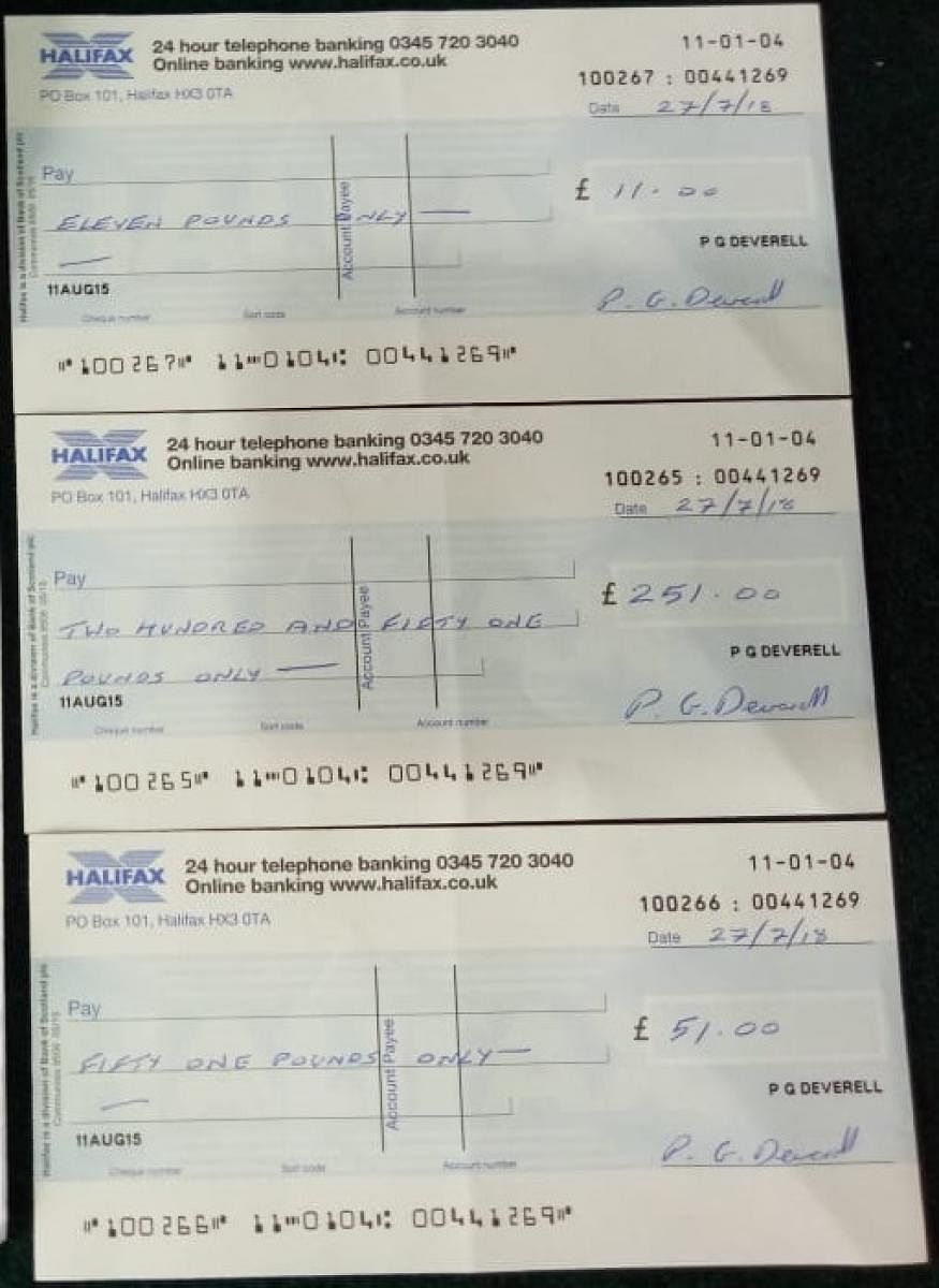 The cheques for a total of 313 British pounds sent by Peter Devarell.