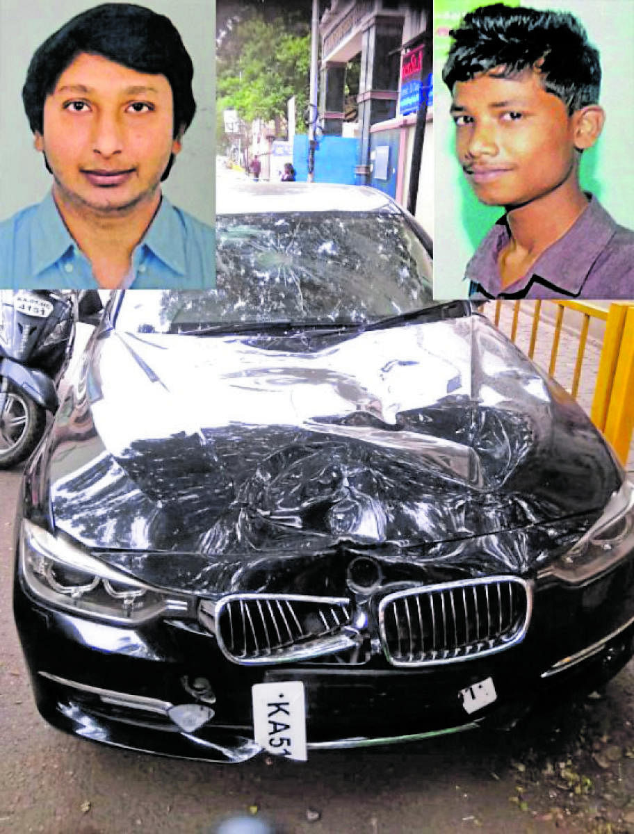 The BMW driven by Oncology surgeon Dr Ravi Teja (top left) that mowed down Kevin Richard on Old Airport Road on Monday.
