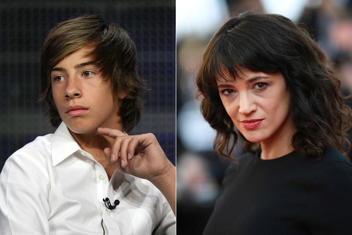 Actor Jimmy Bennett during the Television Critics Association press tour on August 1, 2010 in Beverly Hills, California and a file photo of Italian actress Asia Argento as she arrives on May 19, 2018 for the closing ceremony and the screening of the film