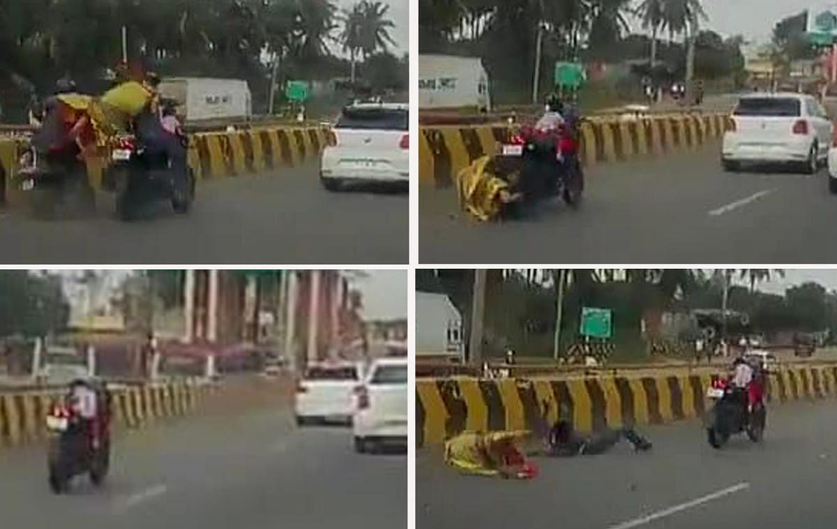 (Clockwise from top) In this video grab combo, a toddler miraculously escaped unhurt riding on a runaway bike for almost 300 metres after the father (rider) and mother (pillion rider) fell off the two-wheeler when they hit a slow-moving motorcycle on the