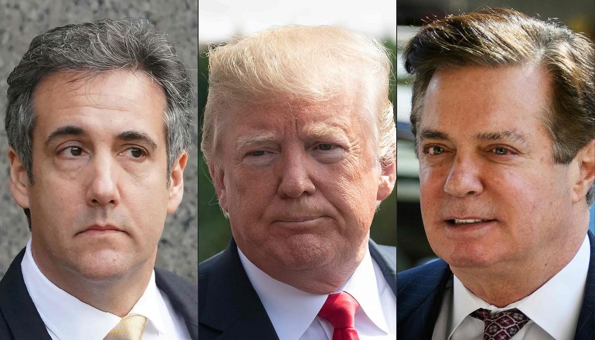 This combination of shows recent images of Michael Cohen, former personal lawyer for US President Donald Trump, US President Donald Trump and former Trump campaign Manager Paul Manafort. AFP