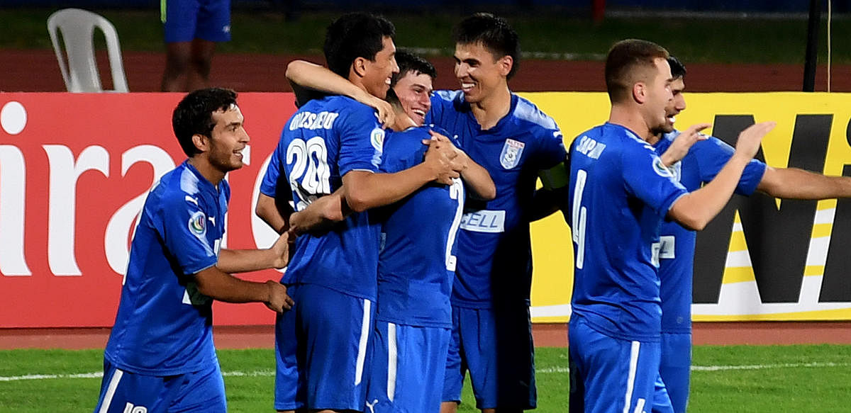 DELIGHTED Altyn Asyr's Vahyt Orazsahedov (second from left) celebrates with team-mates after scoring. DH PHOTO/SRIKANTA SHARMA R 