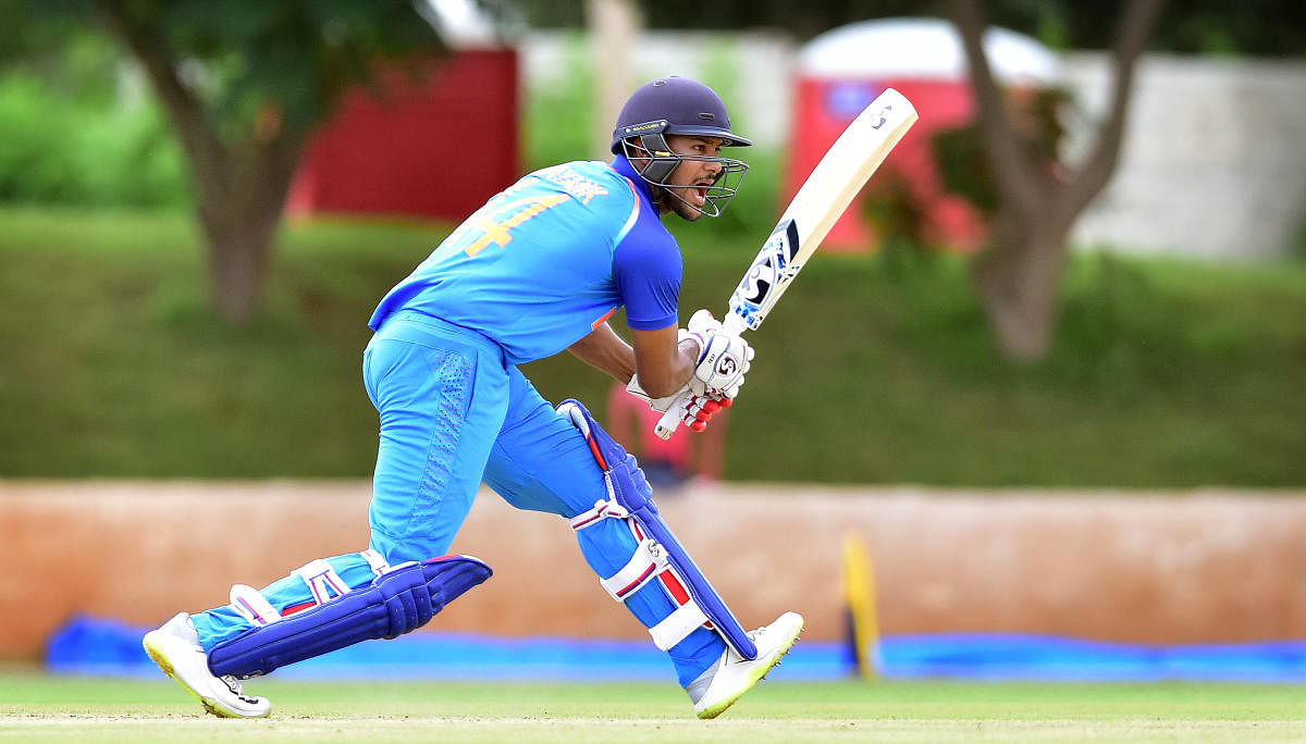 PROLIFIC Mayank Agarwal of India 'B' drives one to the fence en route his century against India 'A' at Alur grounds in Bengaluru on Saturday. DH PHOTO/ RANJU P 
