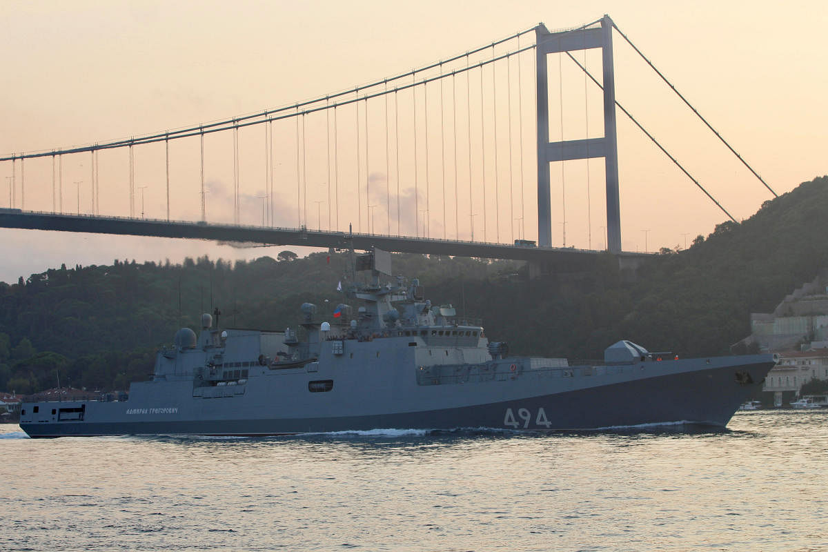 The Russian Navy's frigate Admiral Grigorovich sails in the Bosphorus, on its way to the Mediterranean Sea, in Istanbul, Turkey on August 25, 2018. Reuters