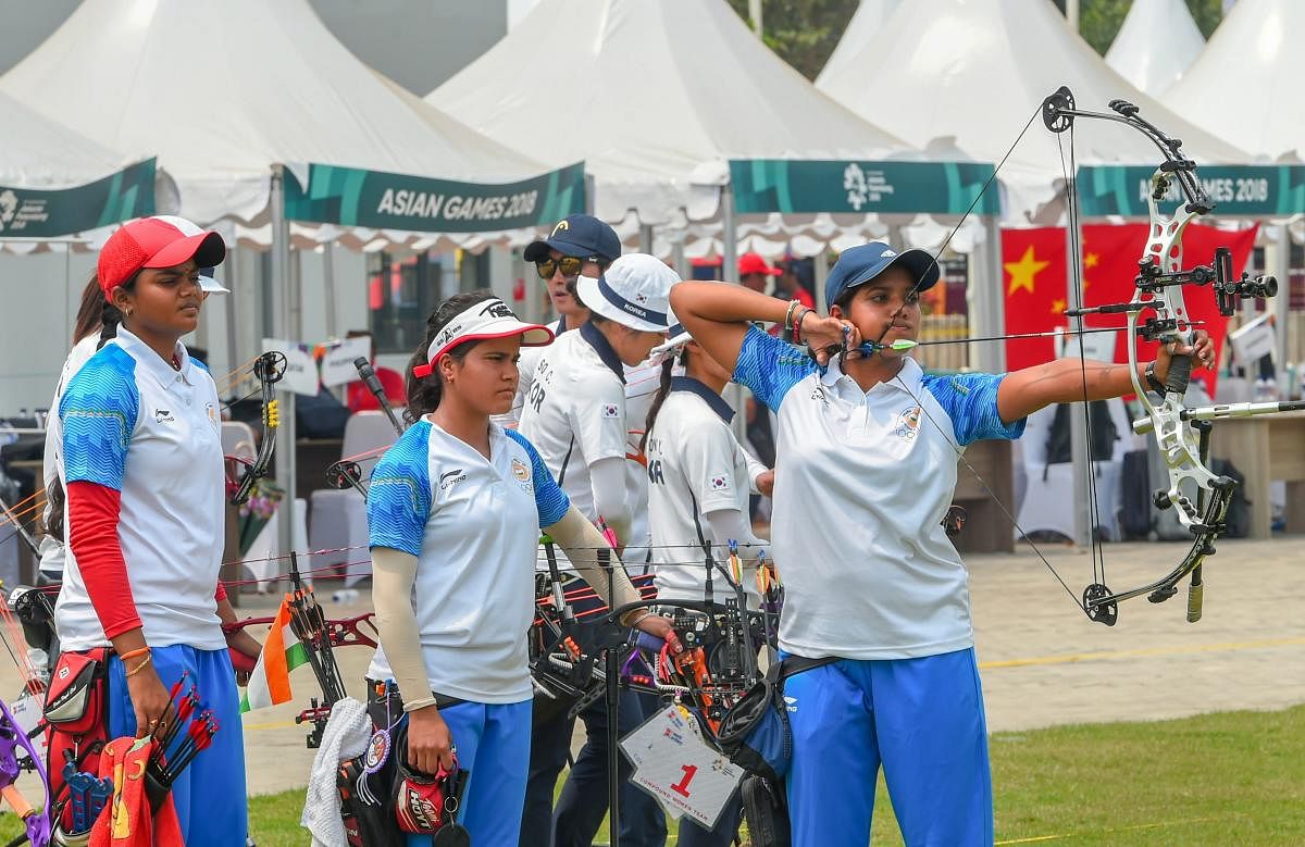 Indian archery team members compete in the women's compound team archery final match against Korea at the Asian Games 2018, in Jakarta on Tuesday, August 28, 2018. (PTI Photo)