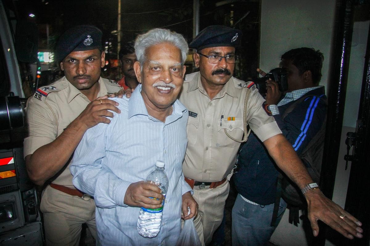Revolutionary writer P Varavara Rao, arrested in connection with the Bhima Koregaon case, being produced at a court in Pune on Wednesday. PTI