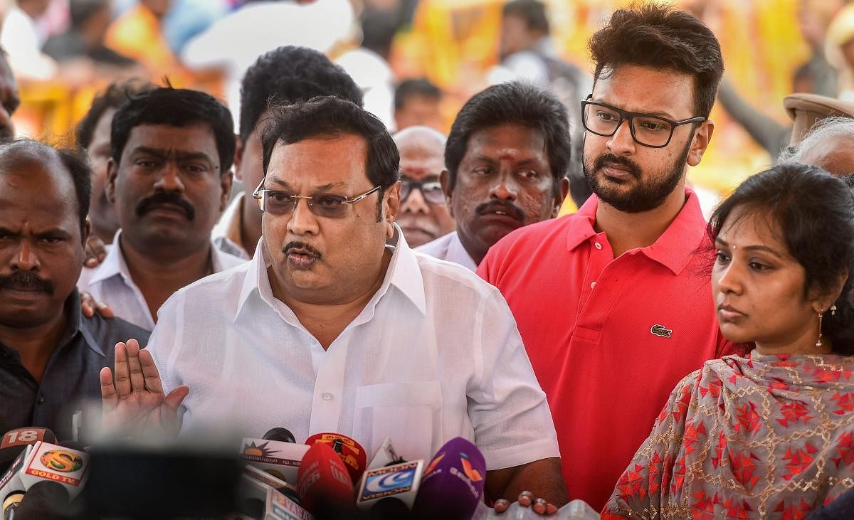 Former Union minister M K Alagiri addresses the media after paying homage to his late father and DMK patriarch M Karunanidhi at his memorial on Marina Beach. (PTI File Photo)