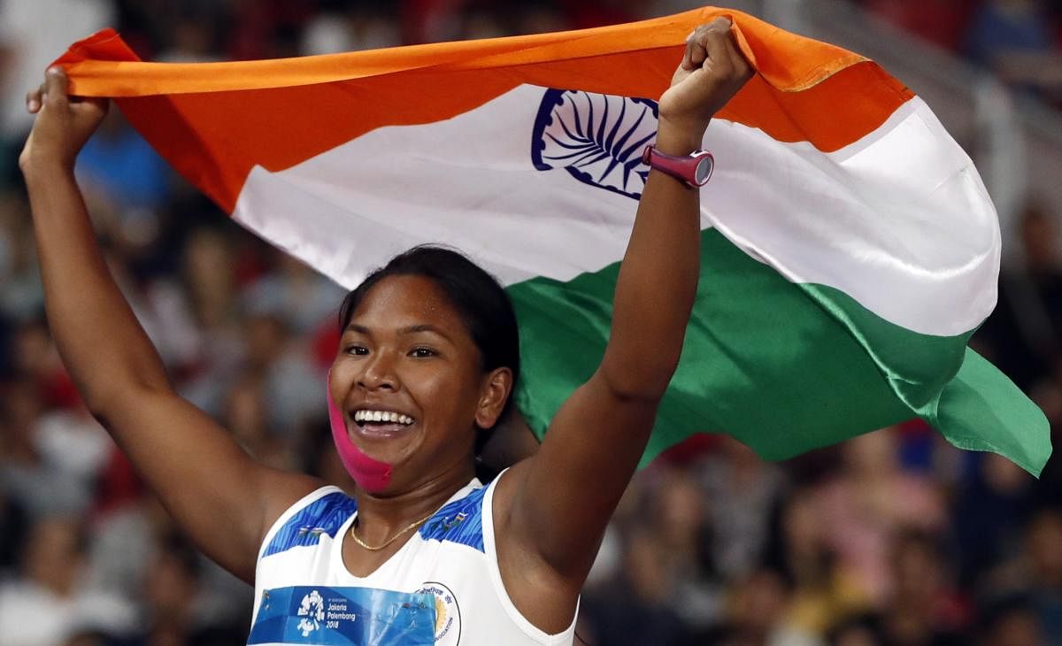 Swapna Barman celebrates after winning Asian Games Gold in the Women's Heptathlon. REUTERS Photo