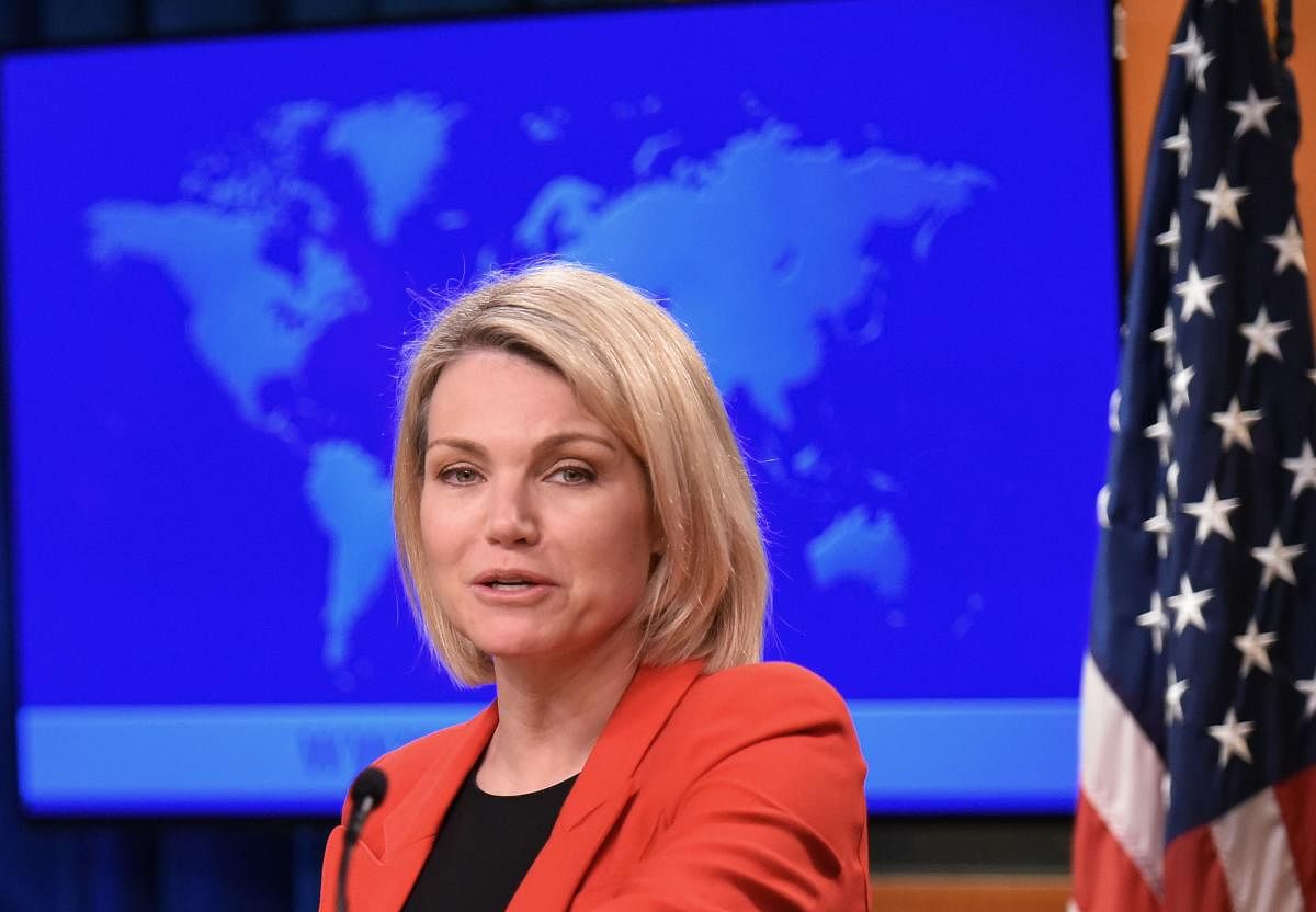 (FILES) In this file photo taken on May 29, 2018 US State Department spokesperson Heather Nauert speaks during the release of the international religious freedom report at the State Department in Washington, DC. AFP