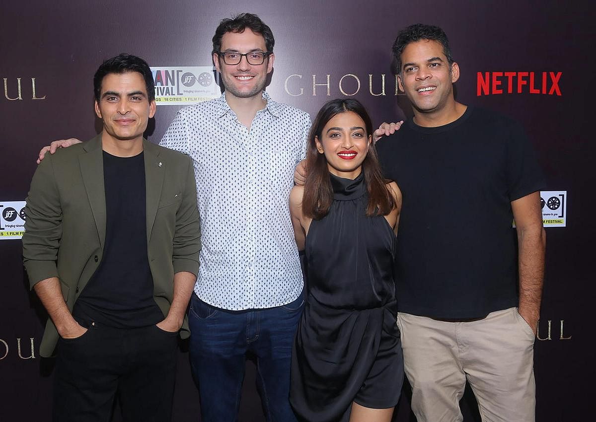 (L-R) Actor Manav Kaul, director Patrick Graham, actor Radhika Apte and co-producer Vikramaditya Motwane at Netflix horror series "Ghoul" special screening, in New Delhi. (PTI Photo)