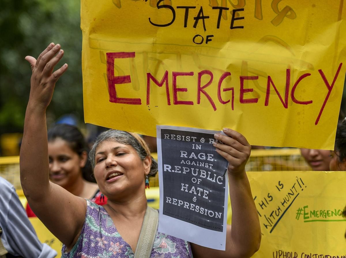 Activists from various organisations protest against the arrest of five activists in connection with the Bhima-Koregaon protests, in New Delhi. PTI