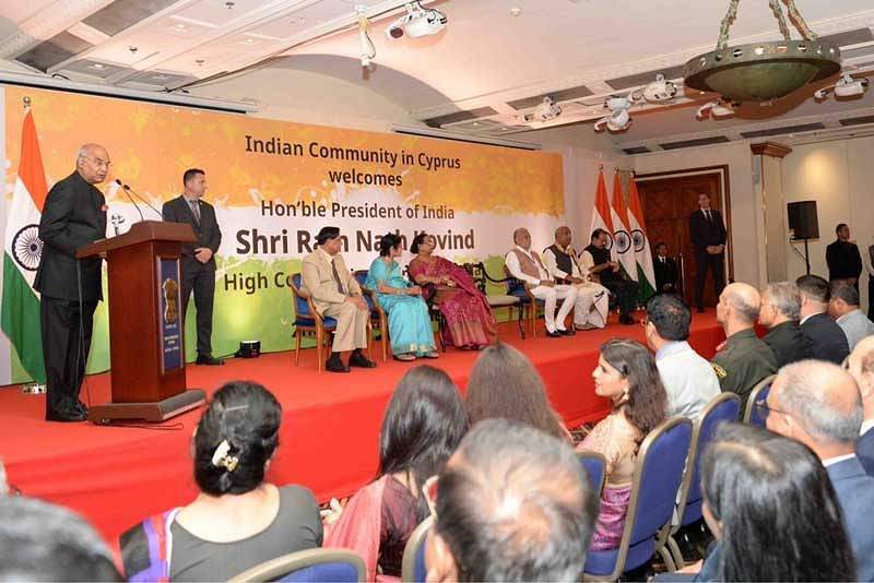 President Ram Nath Kovind speaks during a reception by Indian Community in Cyprus, at Nicosia on Sunday. (@rashtrapatibhvn/Twitter)