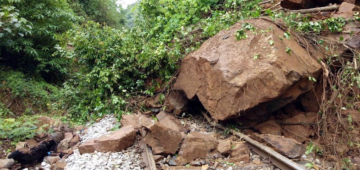 A boulder slipped on the railway track on the Sakleshpur-Subramanya stretch, in Hassan, affecting train services.