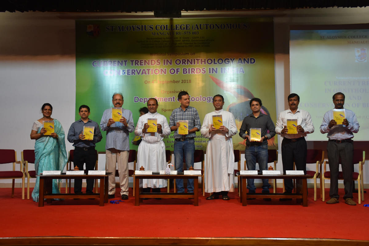 A book 'Butterflies and Birds of the Campus' was released at the inauguration of a national symposium on 'Current Trends in Ornithology and Conservation of Birds in India', sponsored by the Department of Biotechnology, Government of India under the Star College Scheme at St Aloysius College, Mangaluru on Tuesday. St Aloysius Institutions Rector Dionysius Vaz, Principal Fr Pravin Martis, Star College Scheme Coordinator Ronald Nazareth, Department Of Zoology Associate Professor and Head Precilla D’Silva and Eco Connect Ventures Director Shashank Dalvi look on.