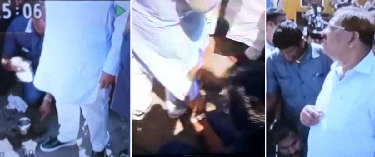 Video grab of Deputy chief minister Dr. G Parameswara's gunman cleaning Parameswara's Kurta and Shoe which was became duerty during his Shivajinagar area city rounds visit in Bengaluru on Tuesday.