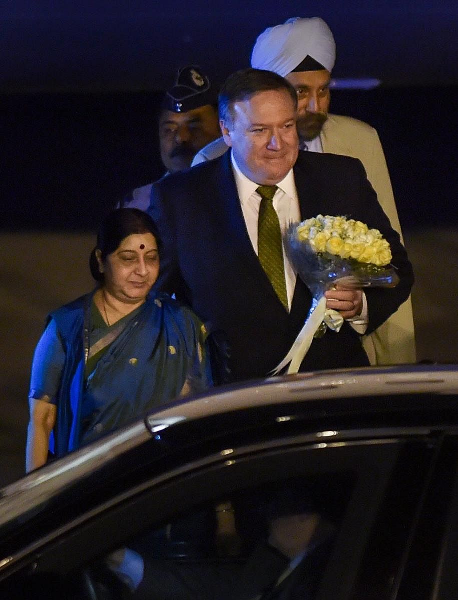 External Affairs Minister Sushma Swaraj with US Secretary of State Mike Pompeo on his arrival at Palam Airforce Station in New Delhi to attend the first-ever 2+2 Dialogue between the two nations. PTI