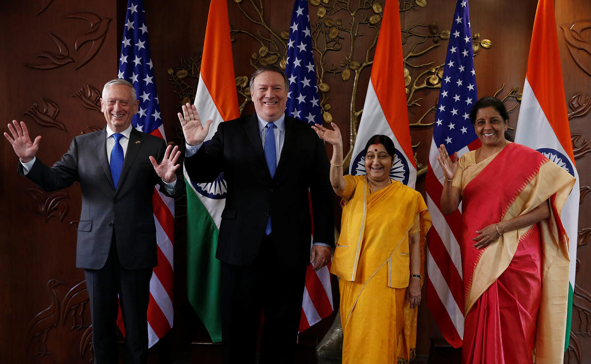 US Secretary of State Mike Pompeo and Secretary of Defence James Mattis pose beside Foreign Minister Sushma Swaraj and Defence Minister Nirmala Sitharaman before the start of their meeting in New Delhi. (Reuters Photo)