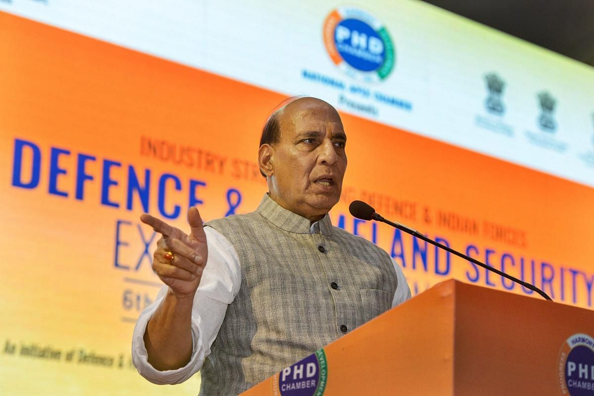 Home Minister Rajnath Singh speaks during 'Defence &amp; Homeland Security Expo and Conference', in New Delhi on Thursday, Sept 6, 2018. (PTI Photo)