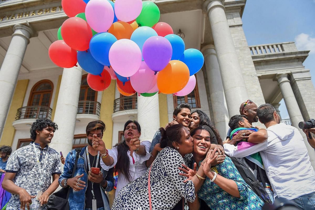 LGBTQ community people celebrate the Supreme Court verdict which decriminalises consensual gay sex, in Bengaluru, Thursday, Sept 6, 2018. (PTI Photo)