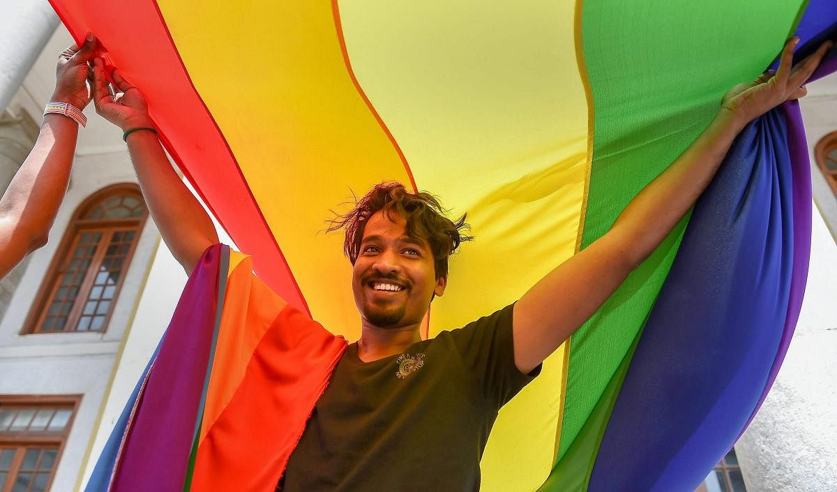 : LGBT community supporter celebrate after the Supreme Court verdict which decriminalises consensual gay sex, in Bengaluru, Thursday, Sept 6, 2018. PTI photo