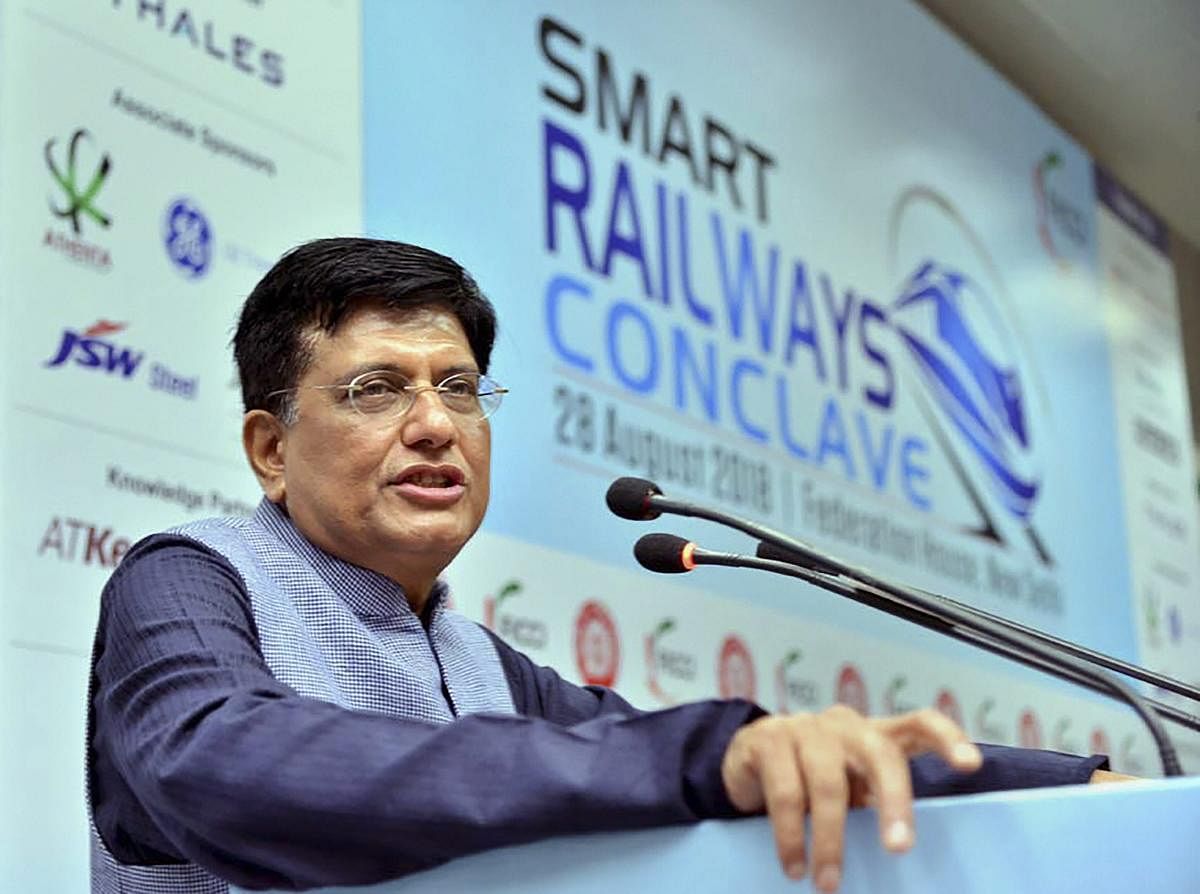 Railways Minister Piyush Goyal addresses the 2nd edition of Smart Railways Conclave at FICCI in New Delhi on Tuesday, Aug 28, 2018. (PTI Photo)