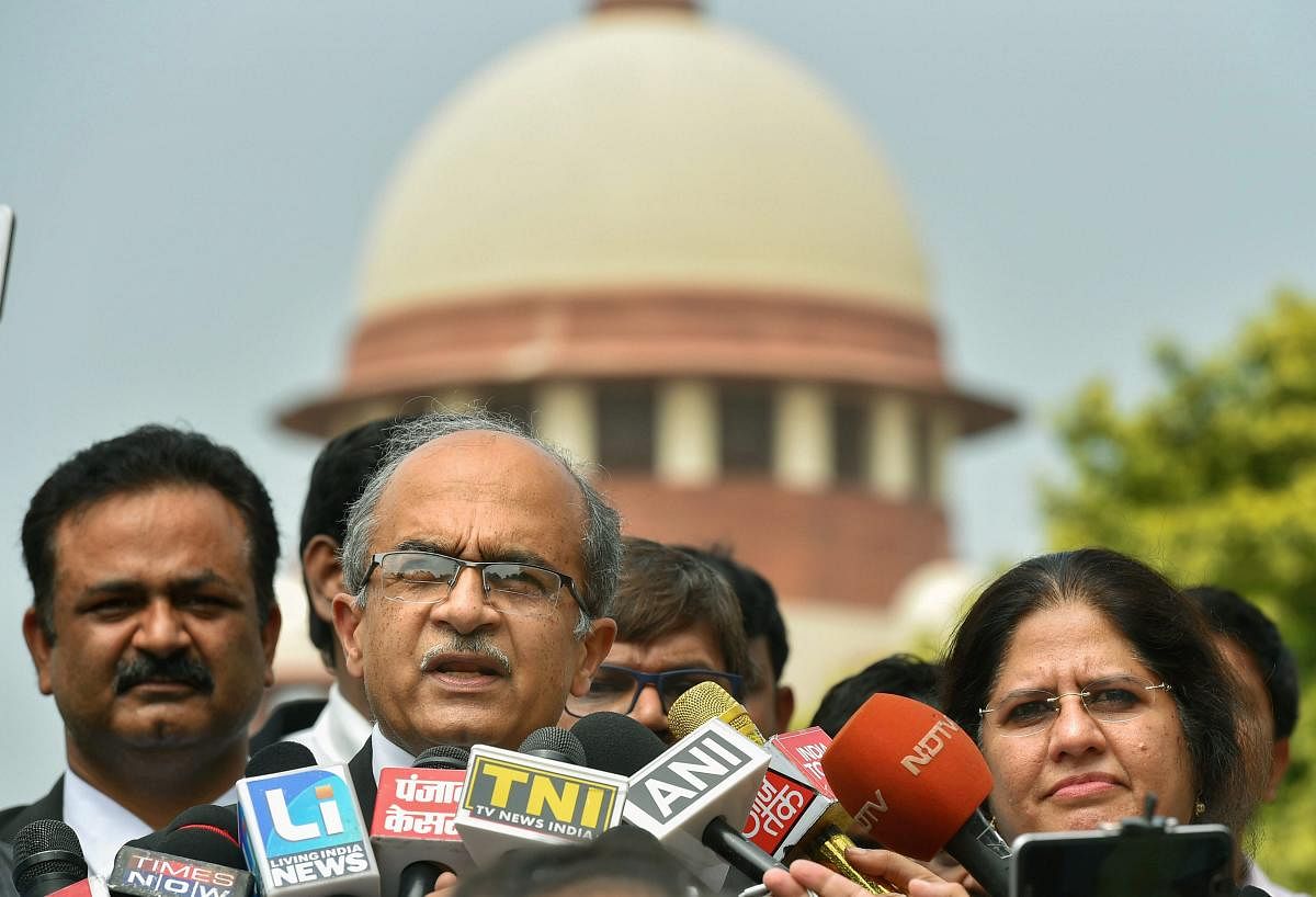 Supreme Court lawyer Prashant Bhushan addresses the media in New Delhi. The Supreme Court extended till September 12 the house arrest of five rights activists in connection with the Bhima-Koregaon violence. PTI