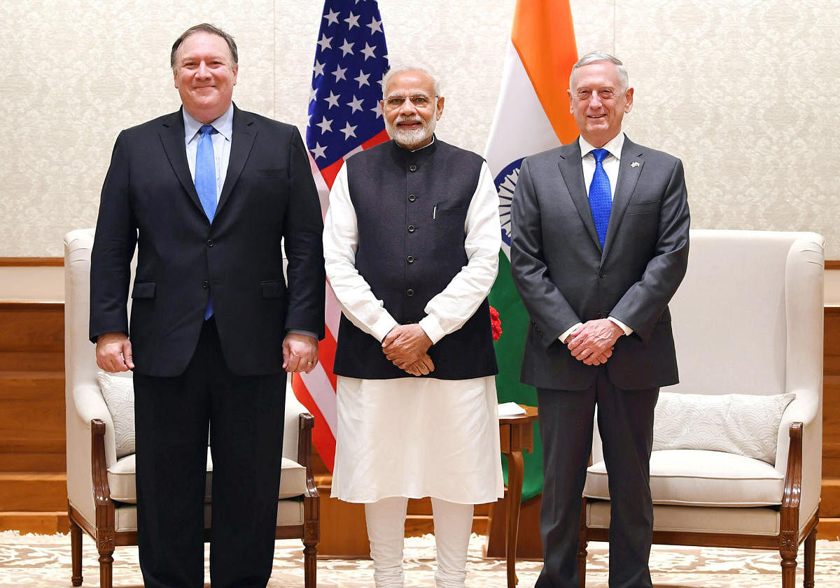 Prime Minister Narendra Modi poses for a picture along with U.S. Secretary of State Mike Pompeo and U.S. Secretary of Defence James Mattis before a meeting in New Delhi. PTI