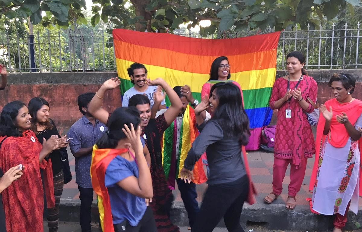 LGBTQI activists celebrate in Thiruvananthapuram on Thursday. DH Photo/R Krishnakumar