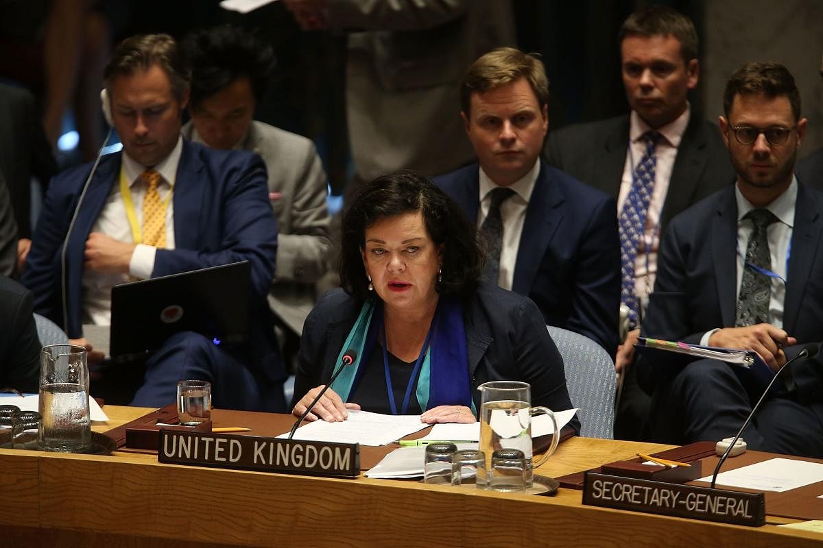 Britain's United Nation's ambassador Karen Pierce speaks at a UN Security Council meeting to officially announce the latest findings behind the poisoning of Russian ex-spy Sergei Skripal and his daughter last March in New York City on September 6, 2018. A