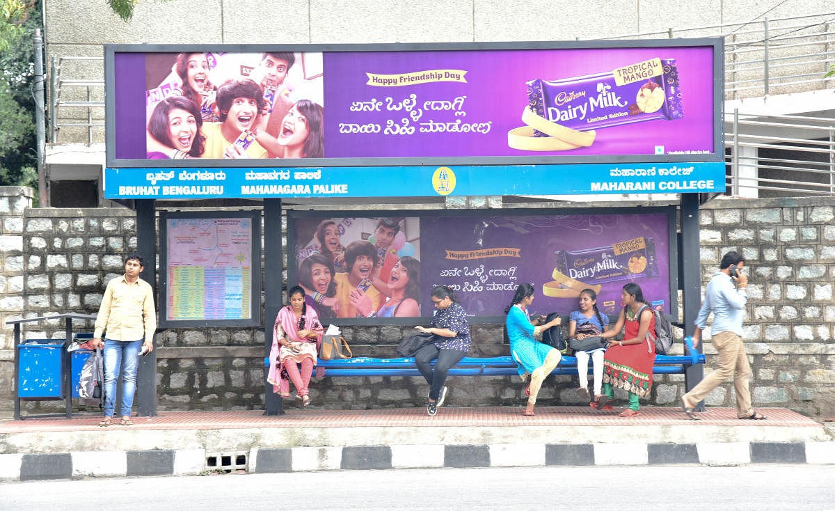 Advertisement seen on Maharani College bus stop Palace road in Bengaluru on Thursday 02nd August 2018. Photo by Janardhan B K