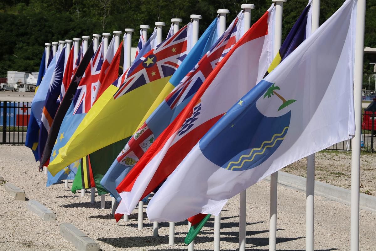 This picture taken on September 5, 2018 shows flags from the Pacific Islands countries being displayed in Yaren on the last day of the Pacific Islands Forum (PIF). AFP