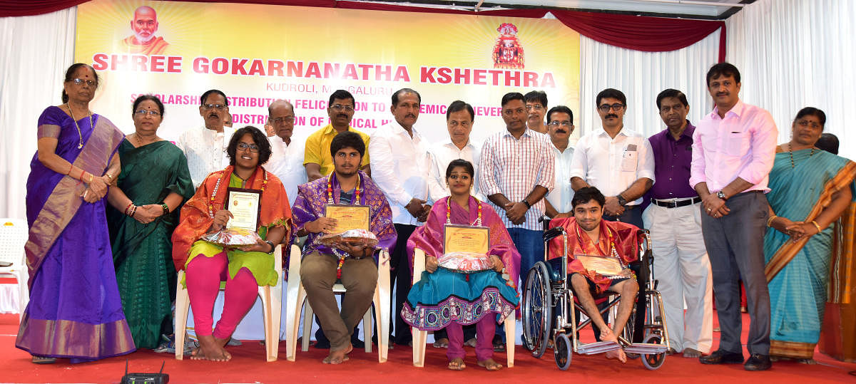 Meritorious students were honoured during the scholarship distribution programme organised by Kudroli Sri Gokarnanatha Temple at the temple premises in Mangaluru on Sunday.