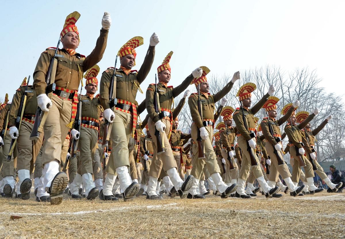 Indian Central Reserve Police Force (CRPF) personnel take part in a Republic Day parade in Srinagar on January 26, 2018. India is marking its 69th Republic Day. File photo. (AFP/ TAUSEEF MUSTAFA)