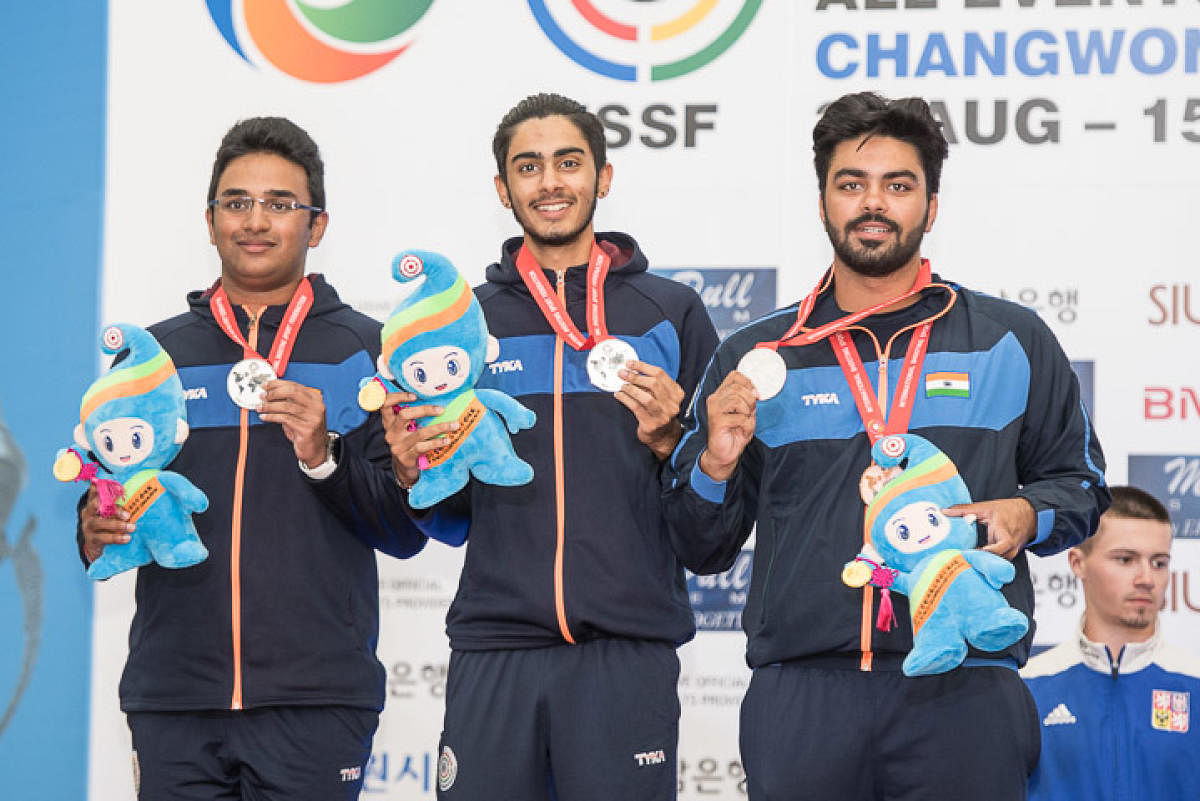 The Indian junior skeet team won the silver in the World Championships in Changwon, South Korea, on Tuesday. Photo: ISSF