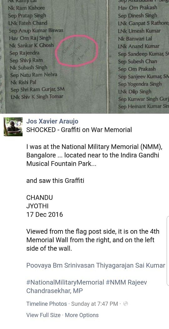 The scribble on the stone slab of the National Military Memorial in Bengaluru. 