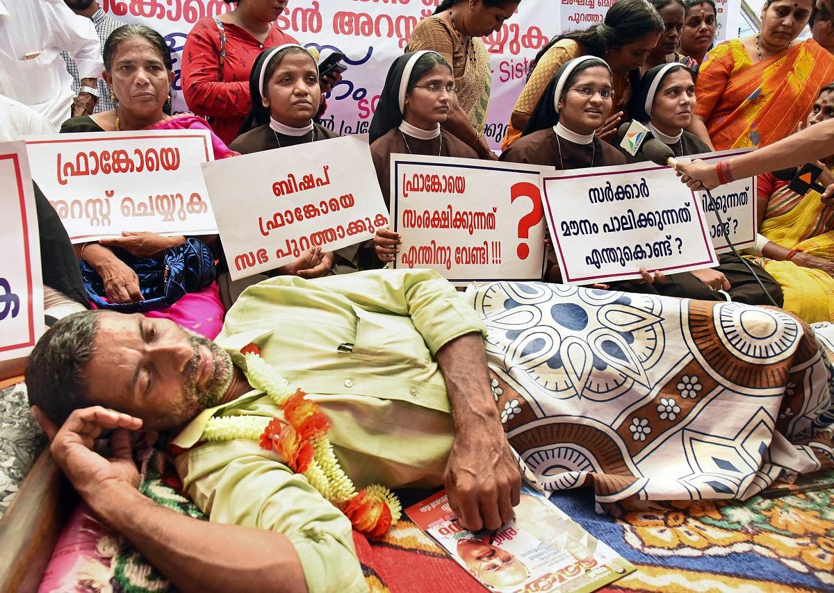 Nuns, supported by the Muslim women, at a protest against the delay in action against a Roman Catholic Church Bishop who is accused of sexually exploiting a nun, in Kochi. (PTI Photo)