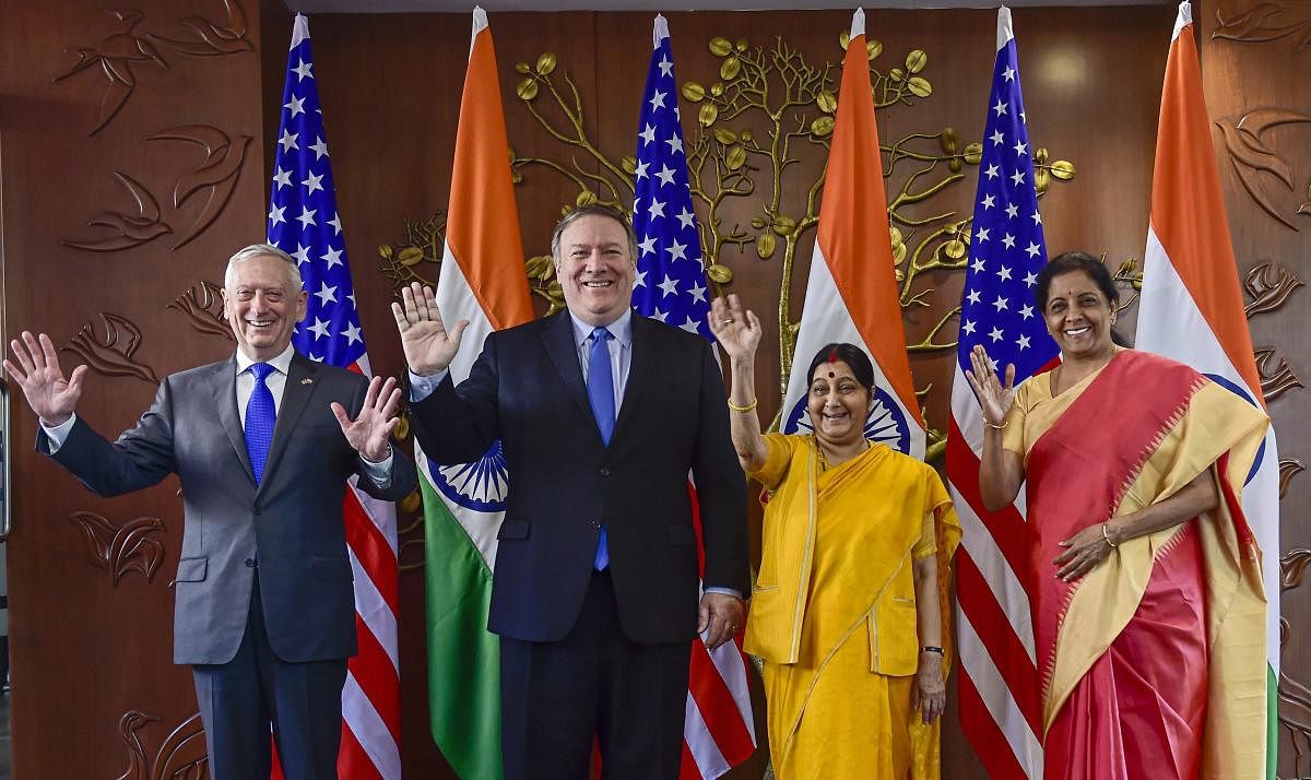 Foreign Minister Sushma Swaraj, Defence Minister Nirmala Sitharaman, US Secretary of State Mike Pompeo and US Secretary of Defence James Mattis pose for a group photo before India-US 2 + 2 Dialogue, in New Delhi, Thursday, Sept 6, 2018. (PTI File Photo)