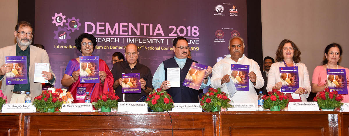 (L-R) Ajit Bhide, president, Indian Psychiatric Society; Meera Pattabiraman, chairperson, Alzheimer’s and Related Disorders Society of India; K Kasturirangan, former chairman, ISRO; Union Minister for Health and Family Welfare J P Nadda; state Health Minister Shivanand Patil; Paola Barbarino, CEO, Alzheimer’s Disease International; and Radha S Murthy, vice-chairperson, ARDSI, at an international  seminar on dementia in Bengaluru on Friday.  (DH PHOTO/B H Shivakumar)