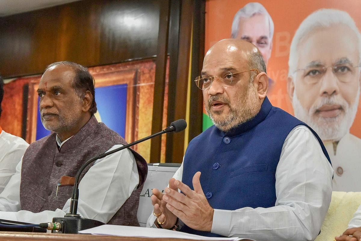 BJP National President Amit Shah addresses the media at BJP State Office, Nampally in Hyderabad. PTI photo