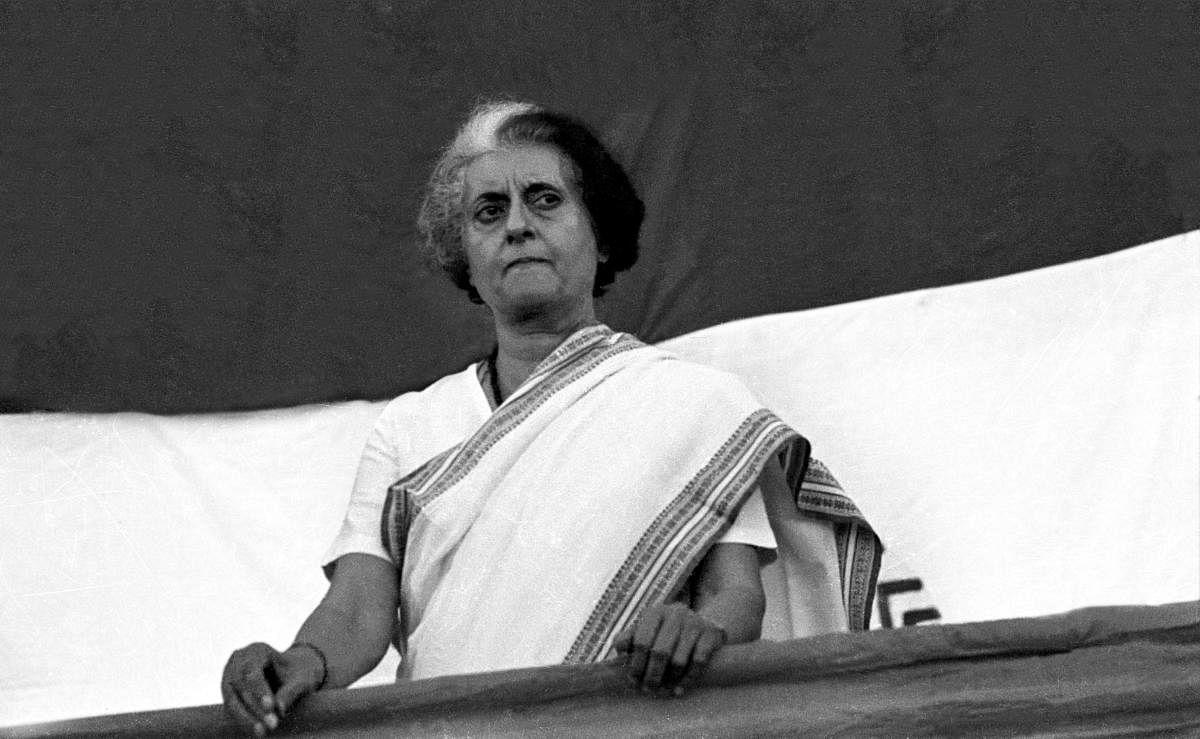 File photo of Indira Gandhi addressing a public meeting during the national emergency in Bangalore. (DH)