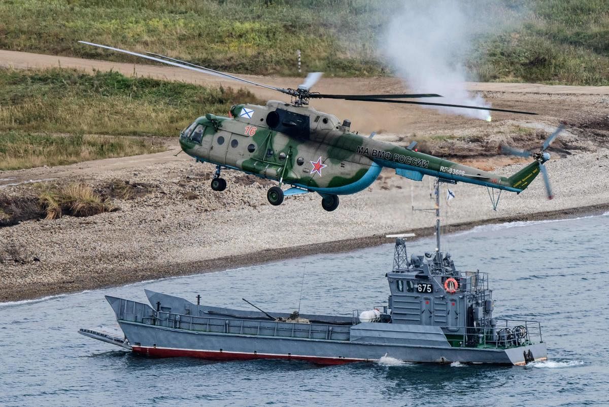 Russian military forces perform a landing during the Vostok-2018 (East-2018) military drills at Klerka training ground on the Sea of Japan coast, outside the town of Slavyanka, some 100km south of Vladivostok, on September 15, 2018. AFP