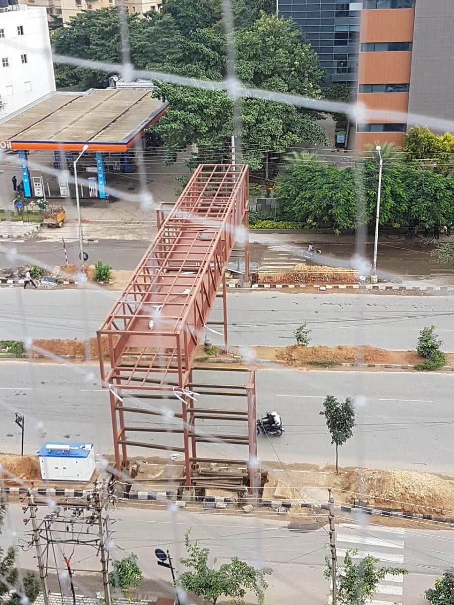 The skywalk sanctioned nine months ago on the Outer Ring Road near Bellandur is yet to be completed. (Special arrangement)