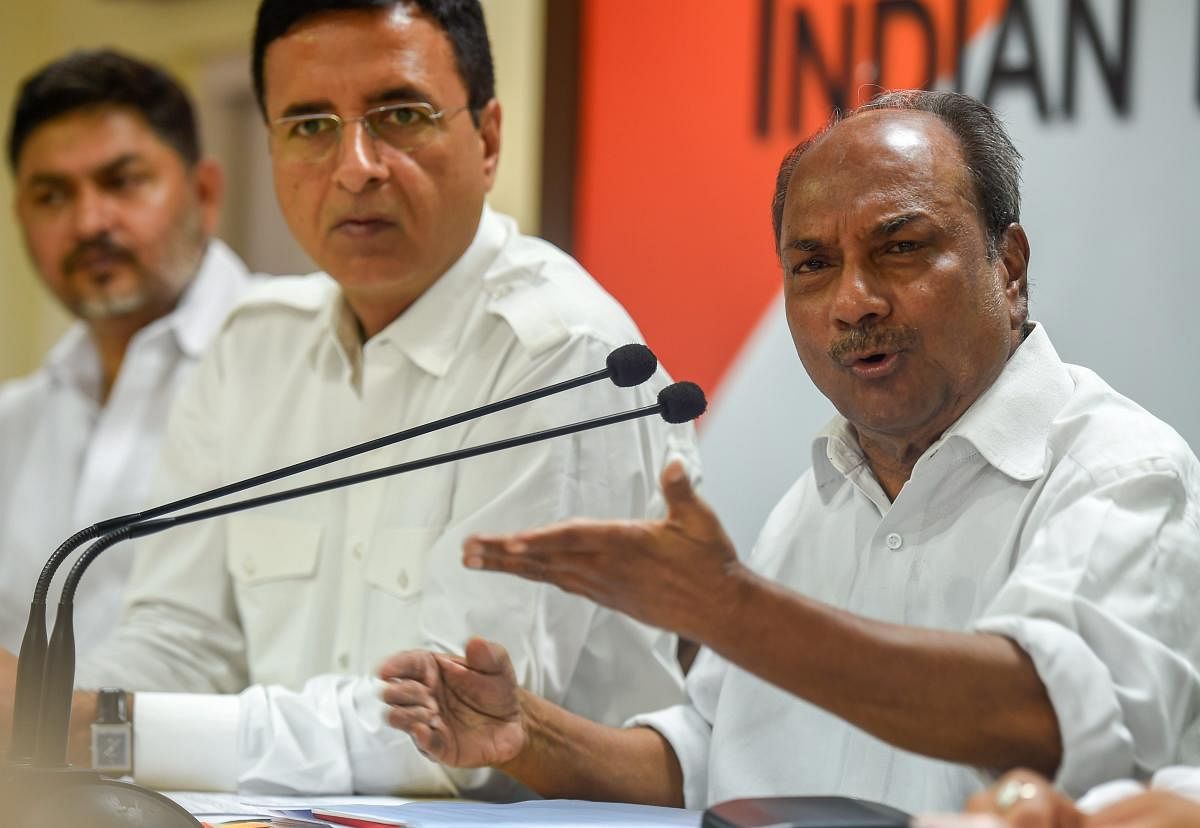 Former defence minister A K Antony addresses a press conference on the issue of Rafale deal, in New Delhi. PTI Photo