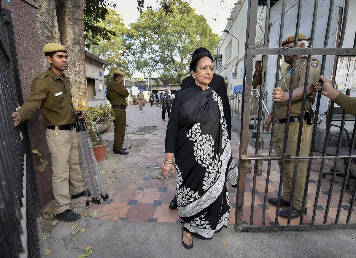 Karti Chidambaram's mother Nalini Chidambaram leaves Patiala House Courts after her son was remanded to three-day CBI custody in the INX Media case, in New Delhi on Tuesday. PTI File Photo