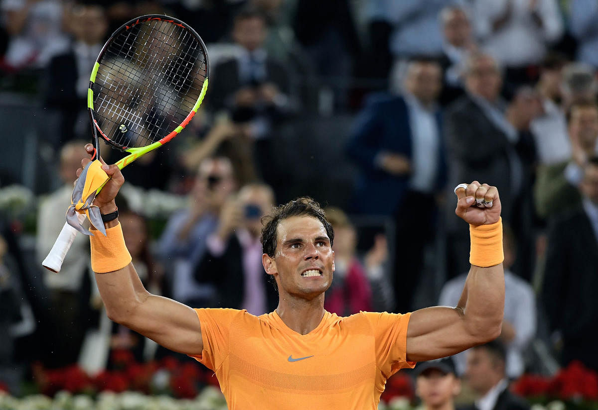 Spain's Rafael Nadal exults after beating Argentin's Diego Schwartzman in the pre-quarterfinal of the Madrid Open on Thursday. Reuters