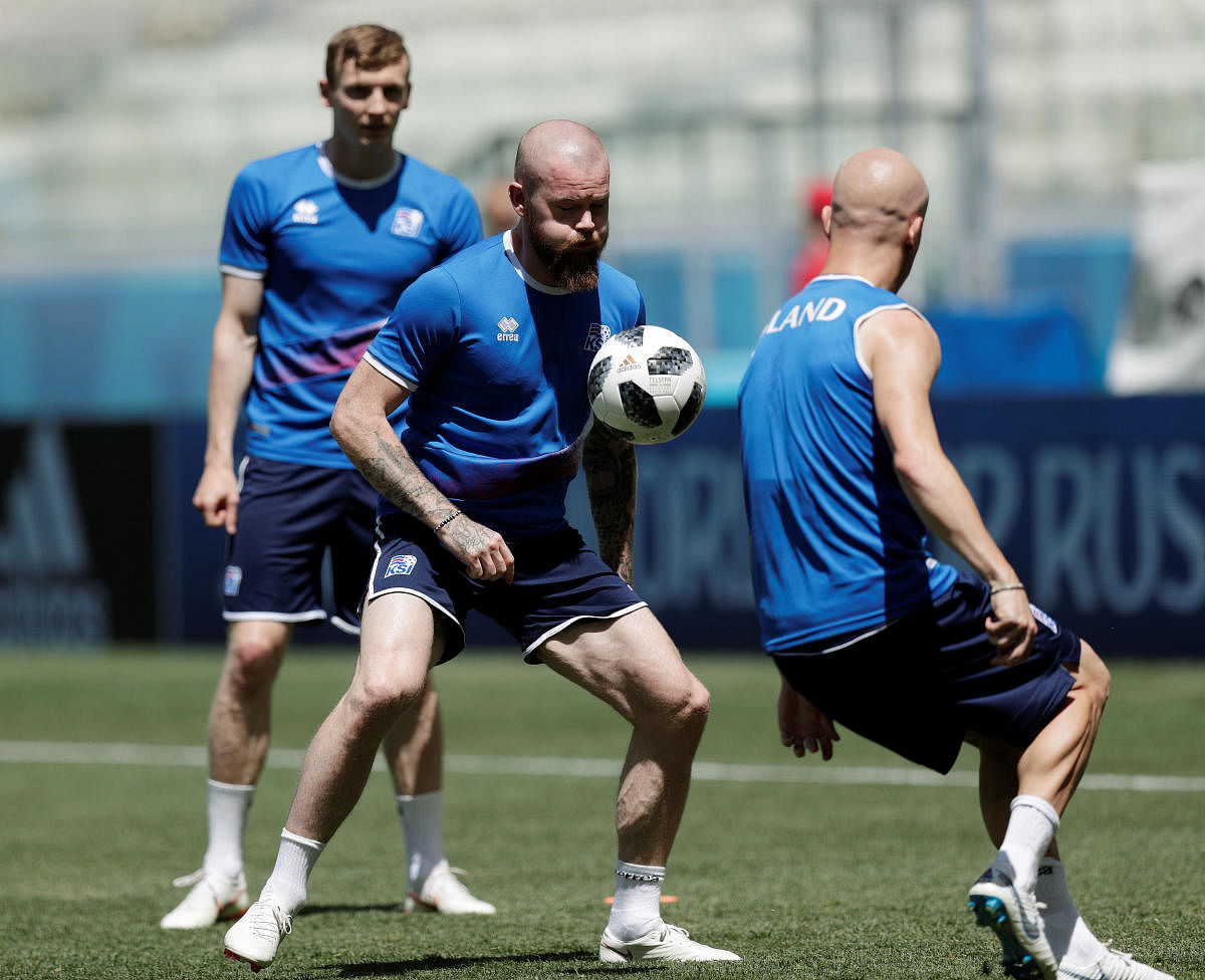Iceland's Aron Gunnarsson (centre) during a training session in Volgograd on Thursday. REUTERS