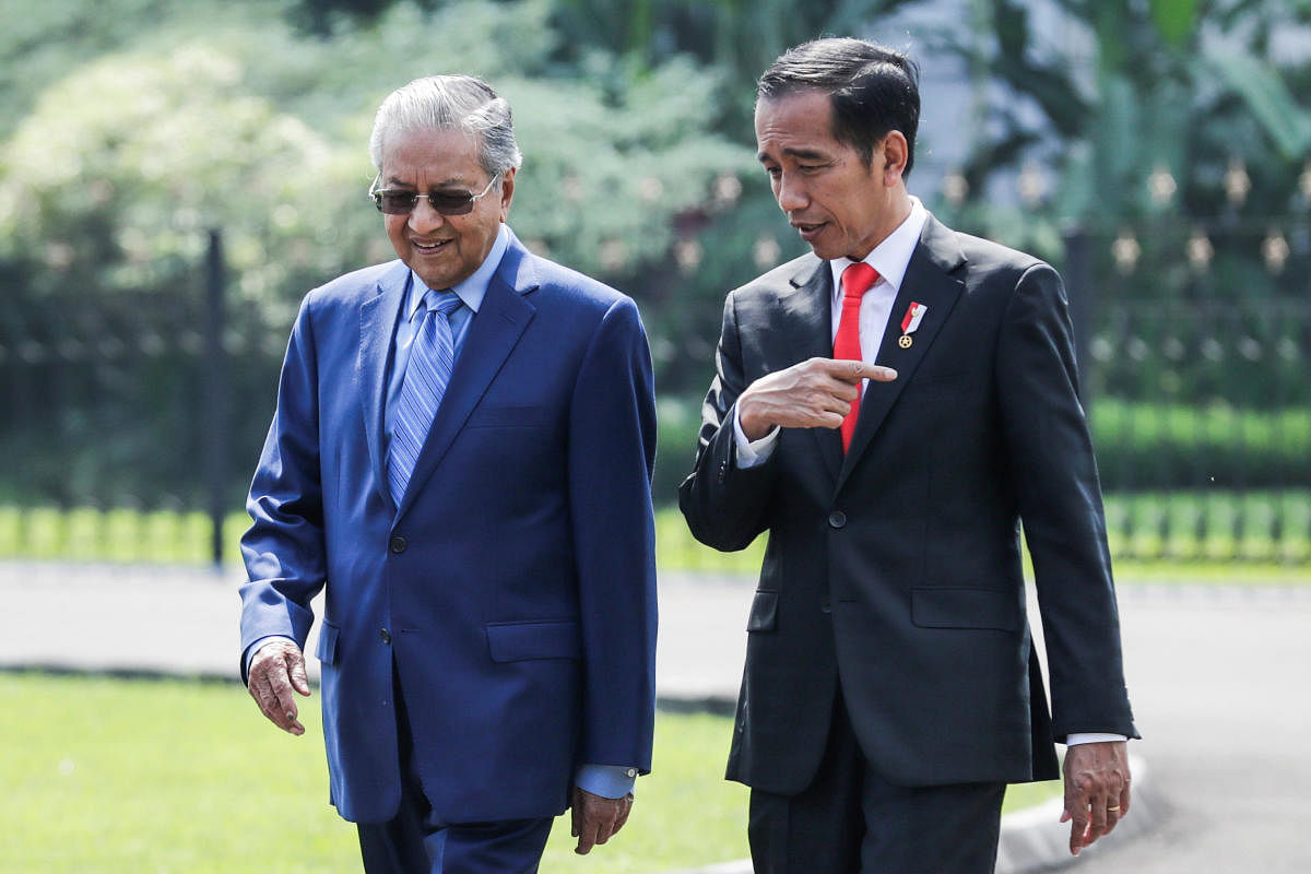 Indonesia's President Joko Widodo (R)and Malaysia's Prime Minister Mahathir Mohamad walk for a tree planting ceremony during their meeting at the presidential palace in Bogor, West Java, Indonesia, 29 June 2018. Reuters